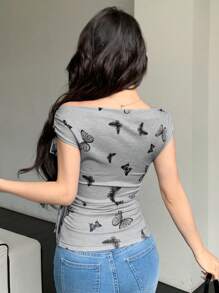 DAZY Women's Butterfly Printed Knotted Asymmetrical Neckline Short Sleeve T-Shirt, Summer - Grey - View 5