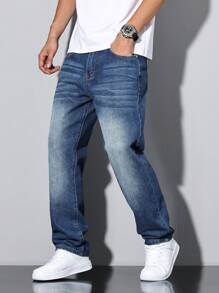 Manfinity EMRG Quần jean denim thẳng được giặt thường dành cho nam giới - Màu xanh lam - Xem 1