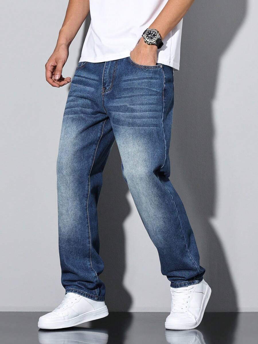 Manfinity EMRG Quần jean denim thẳng được giặt thường dành cho nam giới - Màu xanh lam - Xem 1