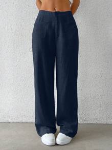 SHEIN EZwear Quần nữ dệt thường ngày màu xanh hải quân - Màu xanh hải quân - Xem 1