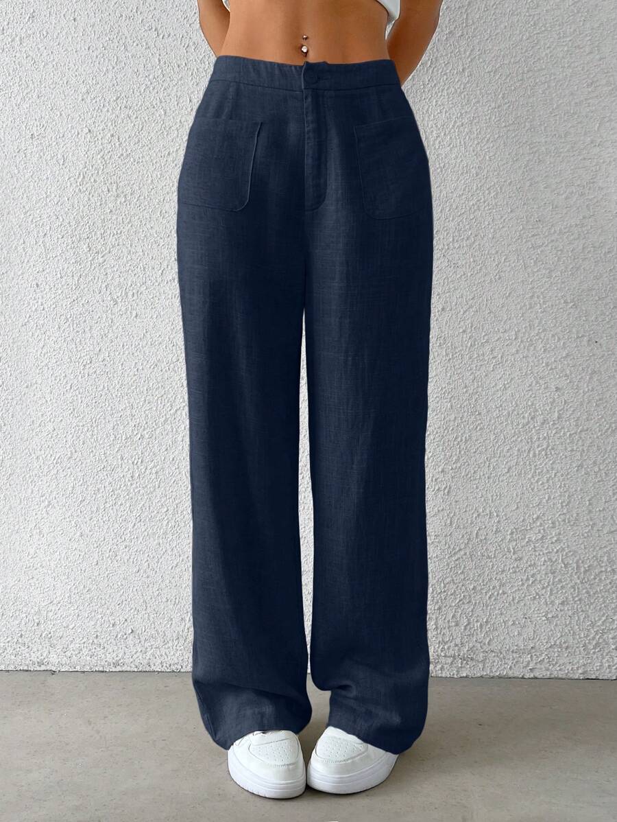 SHEIN EZwear Quần nữ dệt thường ngày màu xanh hải quân - Màu xanh hải quân - Xem 1