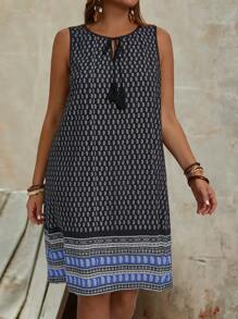 EMERY ROSE Vestido sin mangas casual de talla grande con estampado de vendajes y parches para mujer, para vacaciones de verano