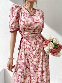 Modelyn 女式 V 领花卉印花褶饰系带夏季短袖迷你连衣裙 - 彩色 - 查看 6