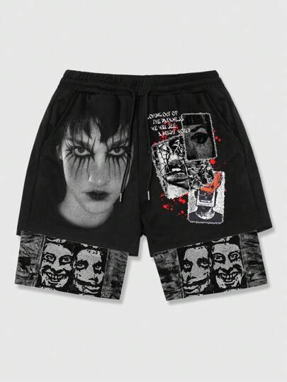 Pantalones cortos casuales con estampa de figura, cintura con cordón, para hombres, para la escuela