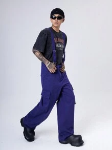 Manfinity Denimwave 男式深蓝色水洗牛仔宽松工装裤、休闲背带裤 - 深色水洗藍 - 查看 7