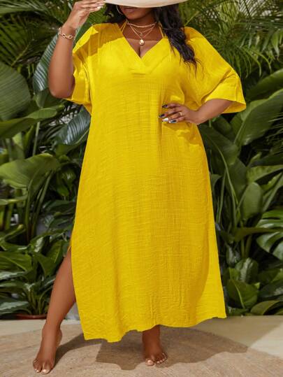 Slaydiva Plus Size Kvinnor Vanlig Enkel V-hals Lös Batwing Sleeve Cover Up Sommar