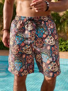 Manfinity Men's Casual Skull Print Drawstring Waist Relaxed Fit Beach Shorts - Multicolor - View 4