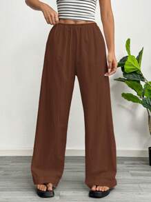 SHEIN EZwear 女士棕色平纹编织休闲阔腿裤 - 棕色 - 查看 4