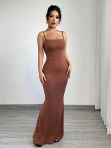 SHEIN SXY Váy đuôi cá dây mảnh màu nâu ôm vừa vặn thanh lịch dành cho nữ - màu nâu - Xem 4