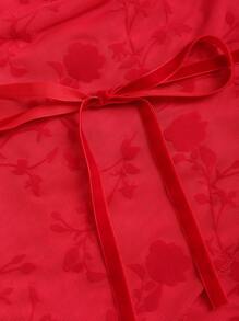 Sweetra 不对称长袖天鹅绒丝带镂空肩部 T 恤 - 紅色 - 查看 4