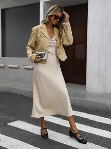 Aveloria Modichic Áo khoác có túi cổ đứng thanh lịch theo phong cách cổ điển, mùa thu - Màu Khaki - Xem 5