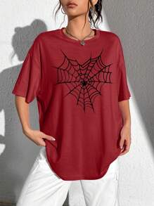 SHEIN EZwear Lässiges, Oversized, loses burgunderfarbenes Damen-Rundhals-Kurzarm-T-Shirt mit Spinnennetz-Muster, geeignet für den Sommer, unisex - Bordeaux - Übersicht 3