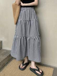 Dazy Designer Women's High Waisted Plaid Textured Skirt With Layered Ruffle Hem