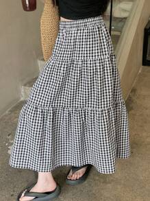 Dazy Designer Women's High Waisted Plaid Textured Skirt With Layered Ruffle Hem