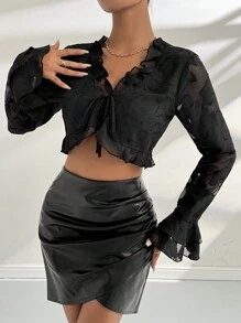 Zolique Black Textured Chiffon Tie Front Frilly Crop Top - Black - View 4