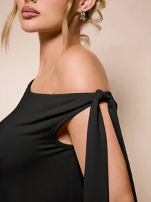 SHEIN BAE 女士纯色不对称颈部扭纹细节无袖连身衣，适合度假，杏色 - 黑色 - 查看 6