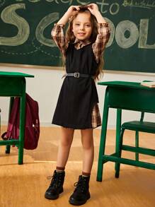 SHEIN Explorewe Girls 2 Pieces Outfit - Plaid Collared Shirt Dress With V-Neck Vest And Detachable Belt, Spring/Autumn - Black - View 6