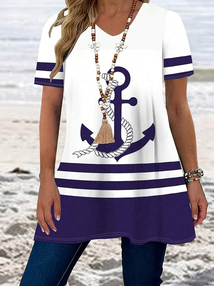 SHEIN LUNE Camiseta de talla grande con estampado de anclas y rayas, camiseta informal de cuello redondo de manga corta, ropa para mujer de talla grande - Multicolor - Ver 1