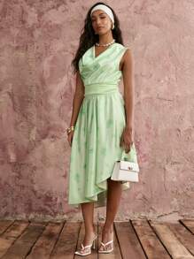 COSMINA Women's Sleeveless Asymmetrical Hem Floral Print Dress, Casual Vacation - Lime Green - View 1