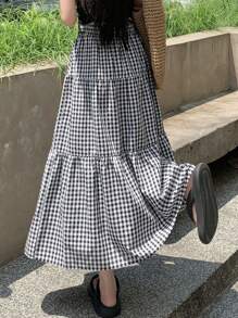 Dazy Designer Women's High Waisted Plaid Textured Skirt With Layered Ruffle Hem