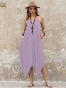 SHEIN BohoFeels Women Casual Solid Color Asymmetric Hem Slip Dress