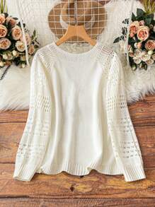 SHEIN Clasi Plus Size Women's Solid Color Simple Hollow Long Sleeve Pullover Sweater Knit Pullover Fall Winter - Beige - View 2