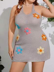 Sunnyshic Hand-Crocheted Floral Pattern Plus Size V-Neck Lace-Up Dress For Women