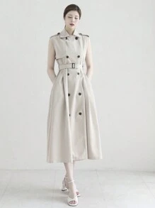 DAZY Abrigo trench sin mangas con cintura ceñida, de doble botonadura y solapa, de un solo color, para mujer de primavera/verano