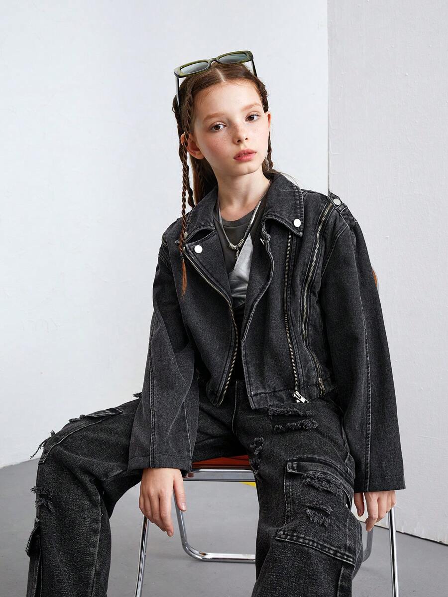 SHEIN Explorewe Girls' Vintage Stand Collar Triple Zipper Design Short Jacket