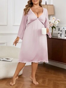 Camisón elegante de manga larga con escote en V y panel de encaje para mujeres de tallas grandes - Rosa vieja - Ver 7