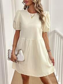 Chiquease 泡泡袖可爱蝴蝶结后背纹理 A 字连衣裙，秋季女装时尚 - 白色 - 查看 4