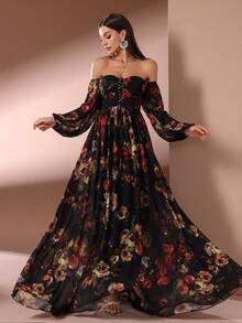 女士花卉印花露肩长款晚礼服 - 彩色 - 查看 3