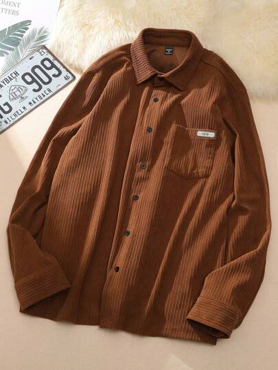 Claim Dot Men Solid Color Simple Casual Long Sleeve Corduroy Shacket, Fall