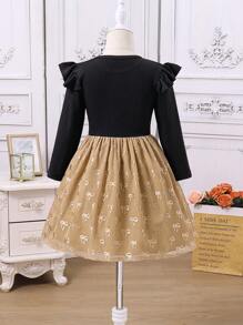 SHEIN 年轻女孩针织盖袖连衣裙，配有网眼芭蕾短裙和蝴蝶结装饰，适合婚礼/花童 - 黑色 - 查看 2