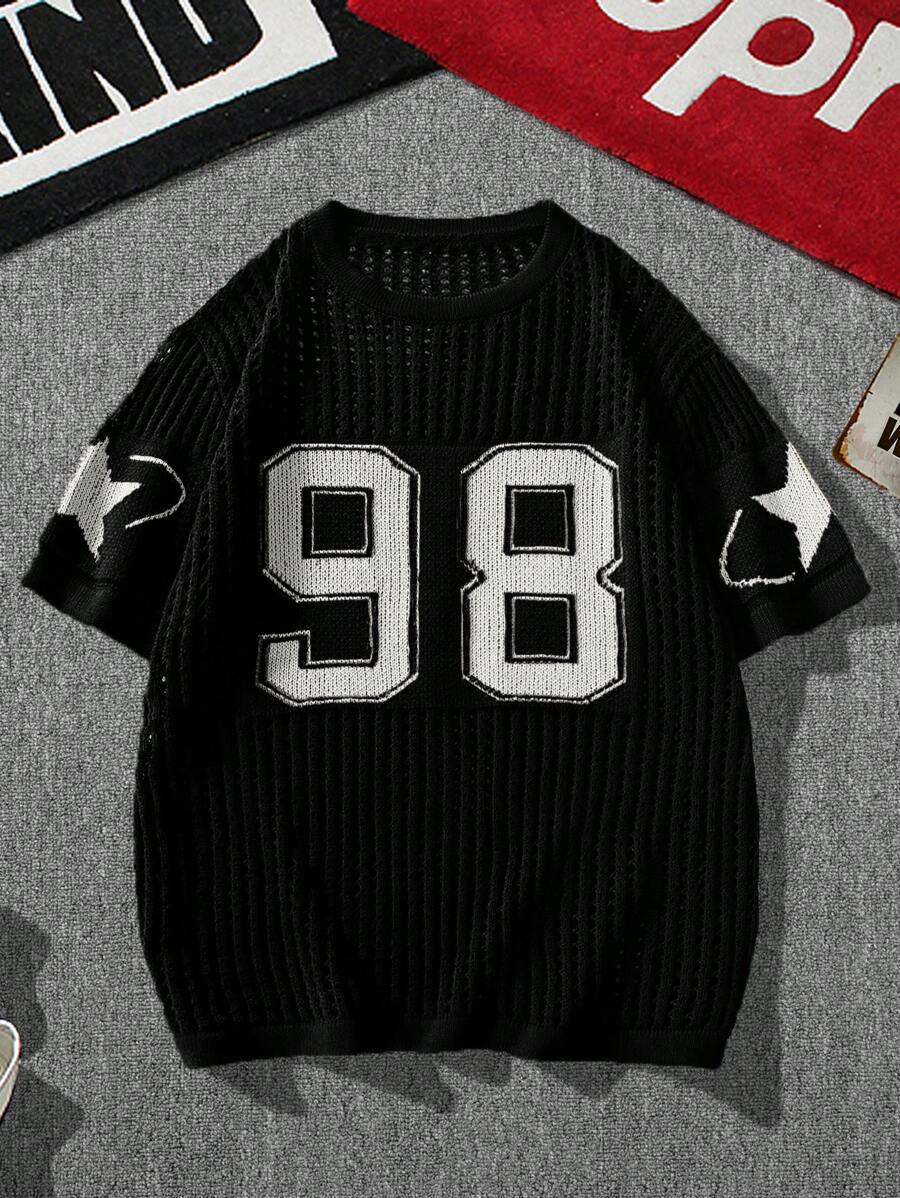 Manfinity Campus Court Aesthetic Post--Men Number Pattern Round Neck Knit Top Jersey Back To School - Black - View 1