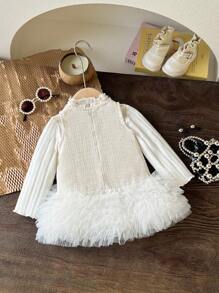 SHEIN Elladie kids 2pcs Baby Girl Layered Mesh Ruffle Hem Solid Color Sleeveless Zipper Dress & Ribbed High Neck Long Sleeve Ruffled Top, Cute & Comfy Sweater Set For Spring Autumn Winter - Beige - View 2