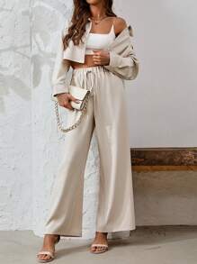 Chiquease Women's Solid Color Button Up Shirt And Pants Casual 2-Piece Set, Autumn/Winter - Apricot - View 1