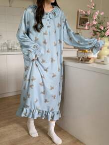 DAZY Cute Bear Pattern Ruffle Hem Loose Sleep Dress, Moo Moo, Fall Pajama, Winter - Blue - View 7