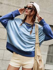 Bohemela Women's Colorblock Crew Neck Blue Sweatshirt, Autumn