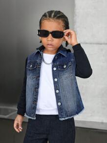 SHEIN Áo khoác rộng thùng thình màu đen thời trang thường ngày cho bé trai, có mũ, tay dài, phối denim xanh, thích hợp mặc hàng ngày. - Nhiều màu - Xem 4