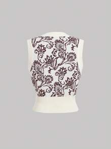 SHEIN MOD Chaleco de punto sin mangas con estampado floral para mujer, chaleco de punto vintage marrón con cuello redondo, chaleco de punto para mujer