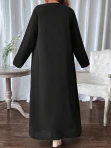 SHEIN LUNE 2 件大码女式纯色长袖超长开衫和波尔卡圆点无袖连衣裙套装，春夏 - 黑與白 - 查看 2