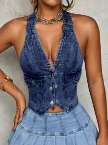 Slaydiva 女士单排扣休闲牛仔背心 - 深色水洗藍 - 查看 2