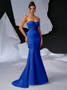 Glamrae Elegant Romantic Strapless Lace Embroidered Pearl Beaded Backless Adjustable Tie Waist Mermaid Hem Evening Party Dress Prom Semi Formal Wedding Guest Dress, For Birthday, Graduation, Homecoming