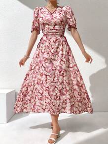 Modelyn 女式 V 领花卉印花褶饰系带夏季短袖迷你连衣裙 - 彩色 - 查看 8