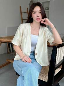 DAZY Solid Color V-Neck Short Sleeve Fitted Blouse For Women