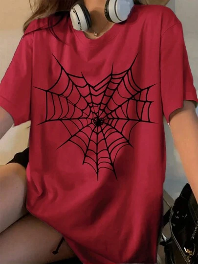 SHEIN EZwear Casual Spider Web Print Oversized Loose Burgundy Women's Round Neck Short Sleeve T-Shirt, Suitable For Summer, Unisex Back To School