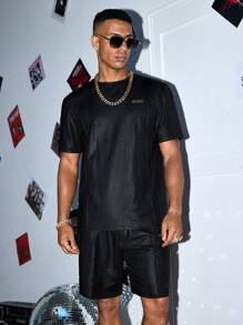 Manfinity VCAY 男士时尚休闲/派对蛇皮宽松短袖上衣和松紧腰短裤 2 件套