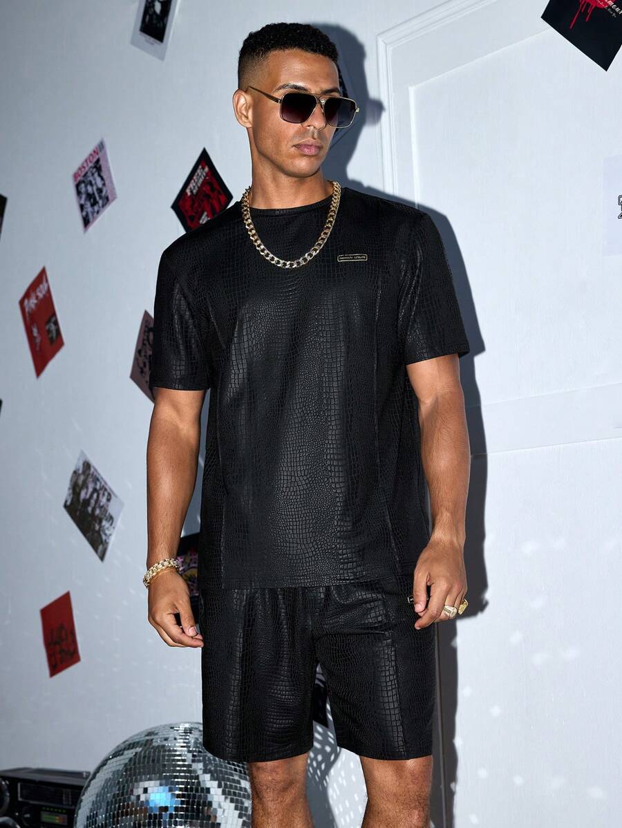 Manfinity VCAY 男士时尚休闲/派对蛇皮宽松短袖上衣和松紧腰短裤 2 件套