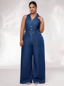 SHEIN SXY Plus Size V-Neck Sleeveless Single-Breasted Belted Pockets Straight Loose Casual Chic Denim Overall Jumpsuit
